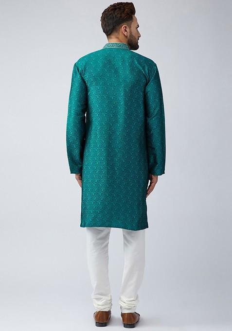 Sea Green Woven Poly Blend Kurta For Men