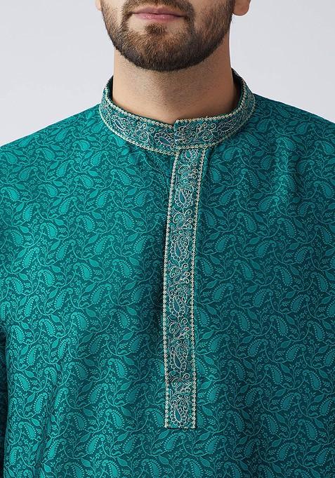 Sea Green Woven Poly Blend Kurta For Men