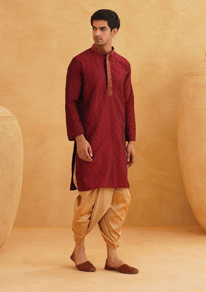 Maroon Woven Poly Blend Kurta For Men