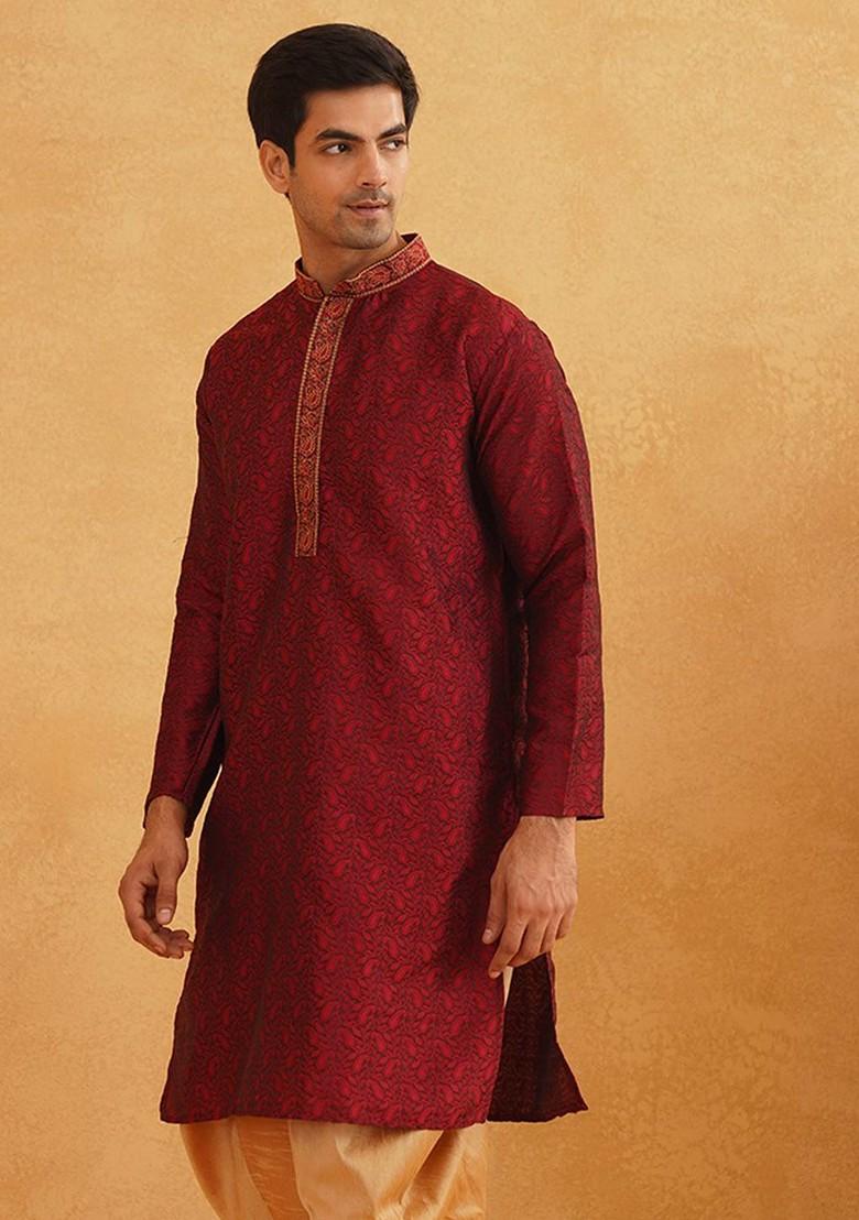 Maroon Woven Poly Blend Kurta For Men