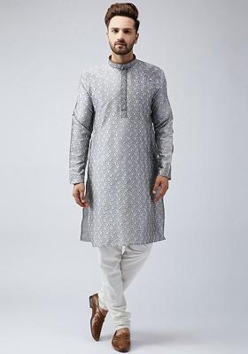 Grey Woven Poly Blend Kurta For Men