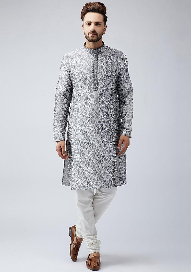 Grey Woven Poly Blend Kurta For Men
