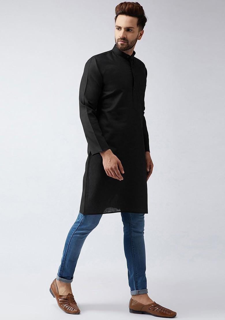 Black Solid Poly Blend Kurta For Men