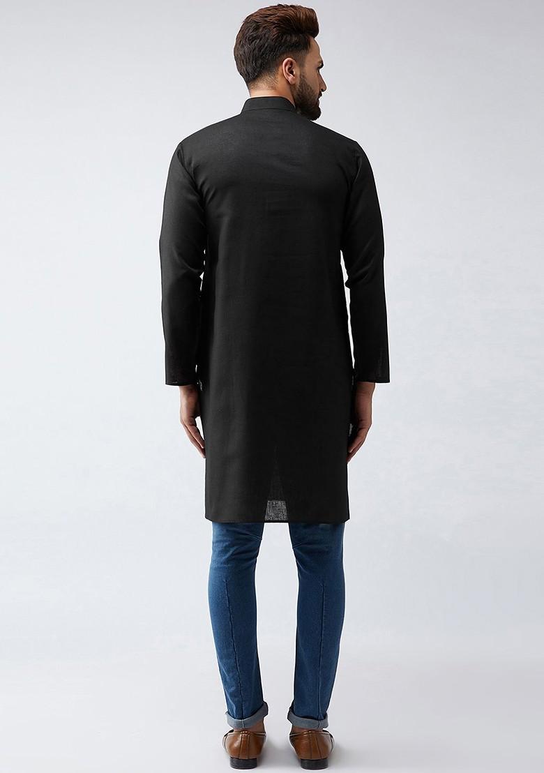 Black Solid Poly Blend Kurta For Men