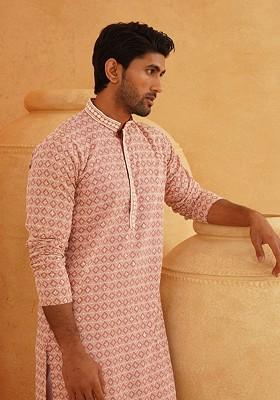 Peach Embroidered Cotton Kurta For Men