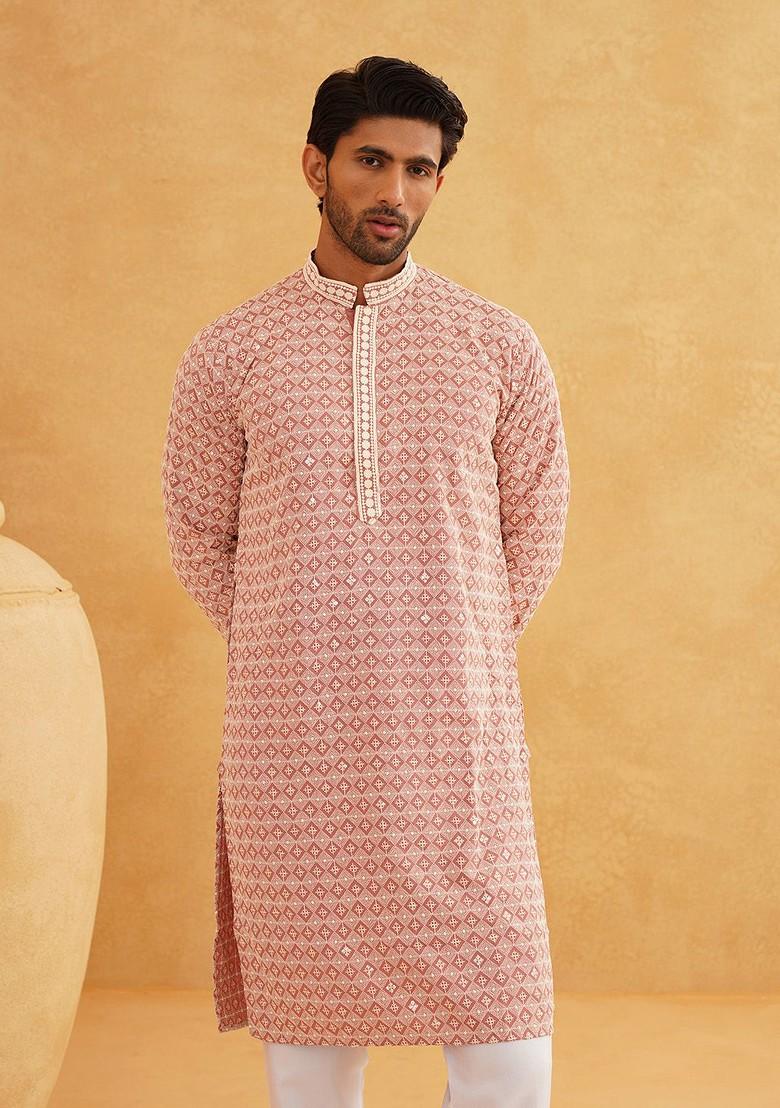 Peach Embroidered Cotton Kurta For Men