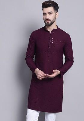Purple Embroidered Poly Blend Kurta For Men