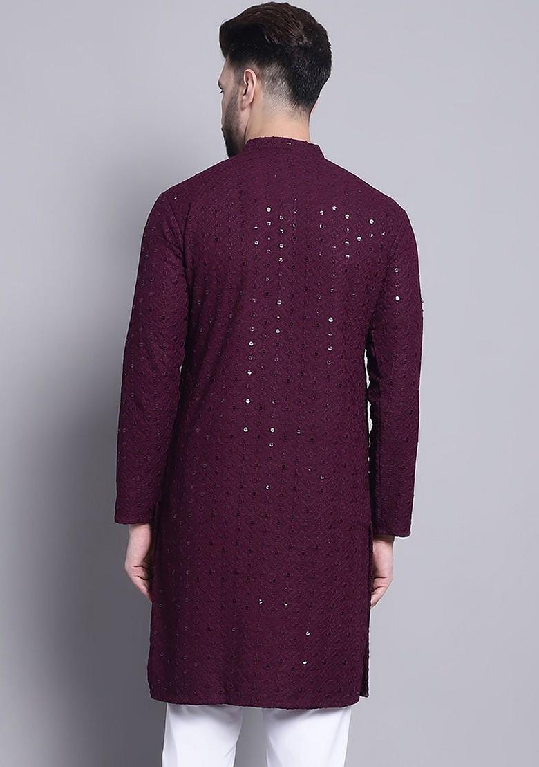 Purple Embroidered Poly Blend Kurta For Men