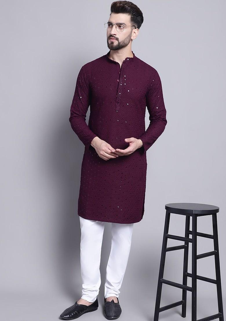 Purple Embroidered Poly Blend Kurta For Men