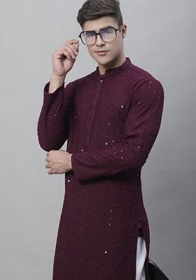 Purple Embroidered Cotton Kurta For Men