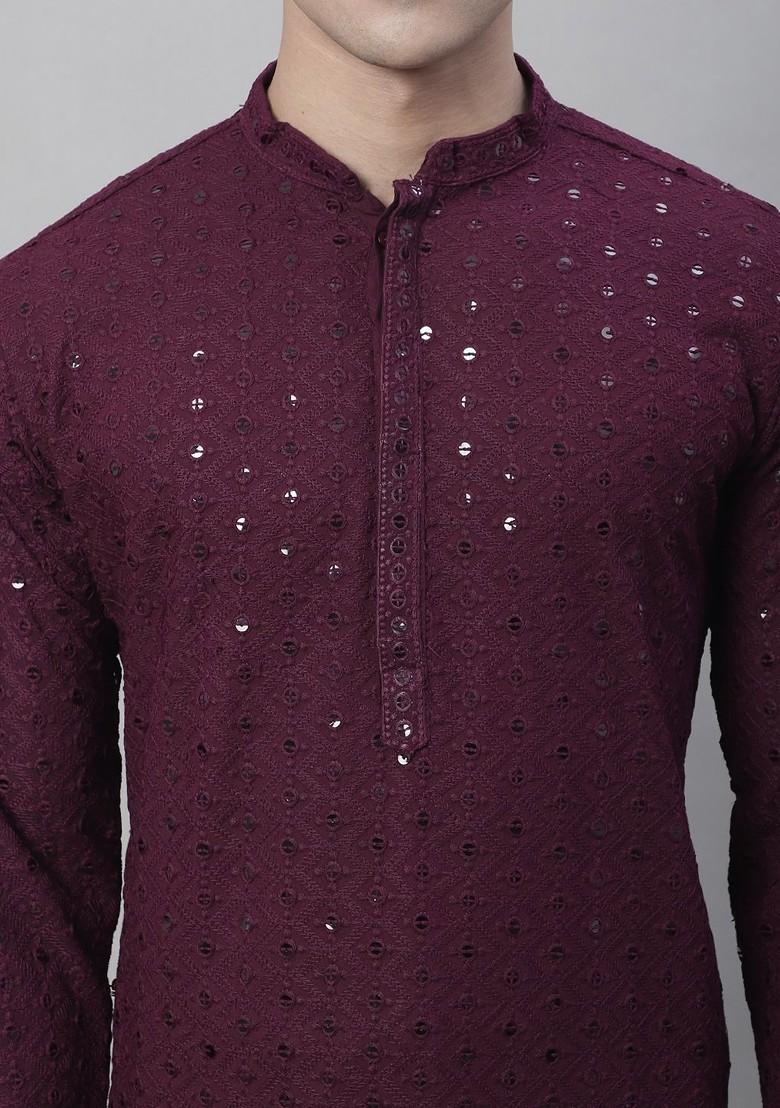 Purple Embroidered Cotton Kurta For Men
