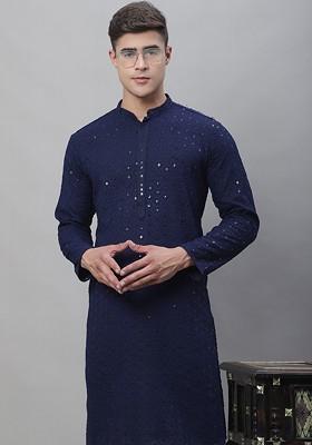 Navy Blue Embroidered Cotton Kurta For Men
