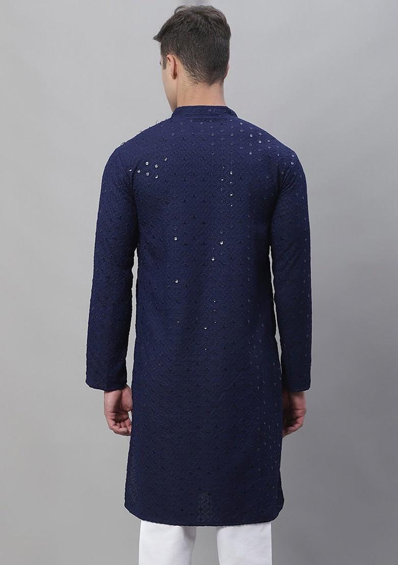 Navy Blue Embroidered Cotton Kurta For Men