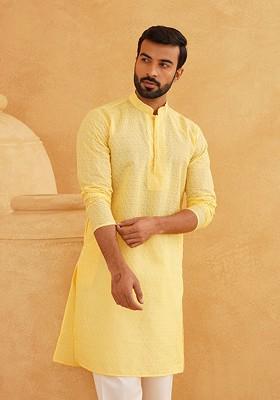 Yellow Embroidered Cotton Kurta For Men