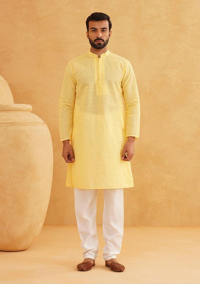 Yellow Embroidered Cotton Kurta For Men