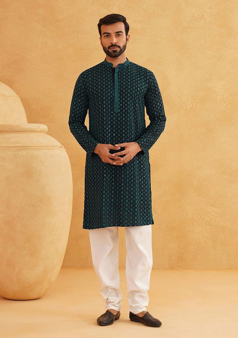 Teal Blue Embroidered Cotton Kurta For Men