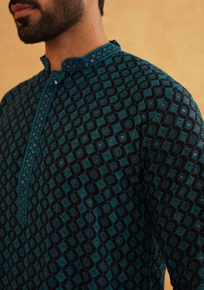 Teal Blue Embroidered Cotton Kurta For Men