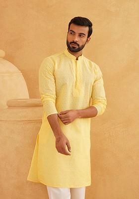 Yellow Embroidered Cotton Kurta For Men
