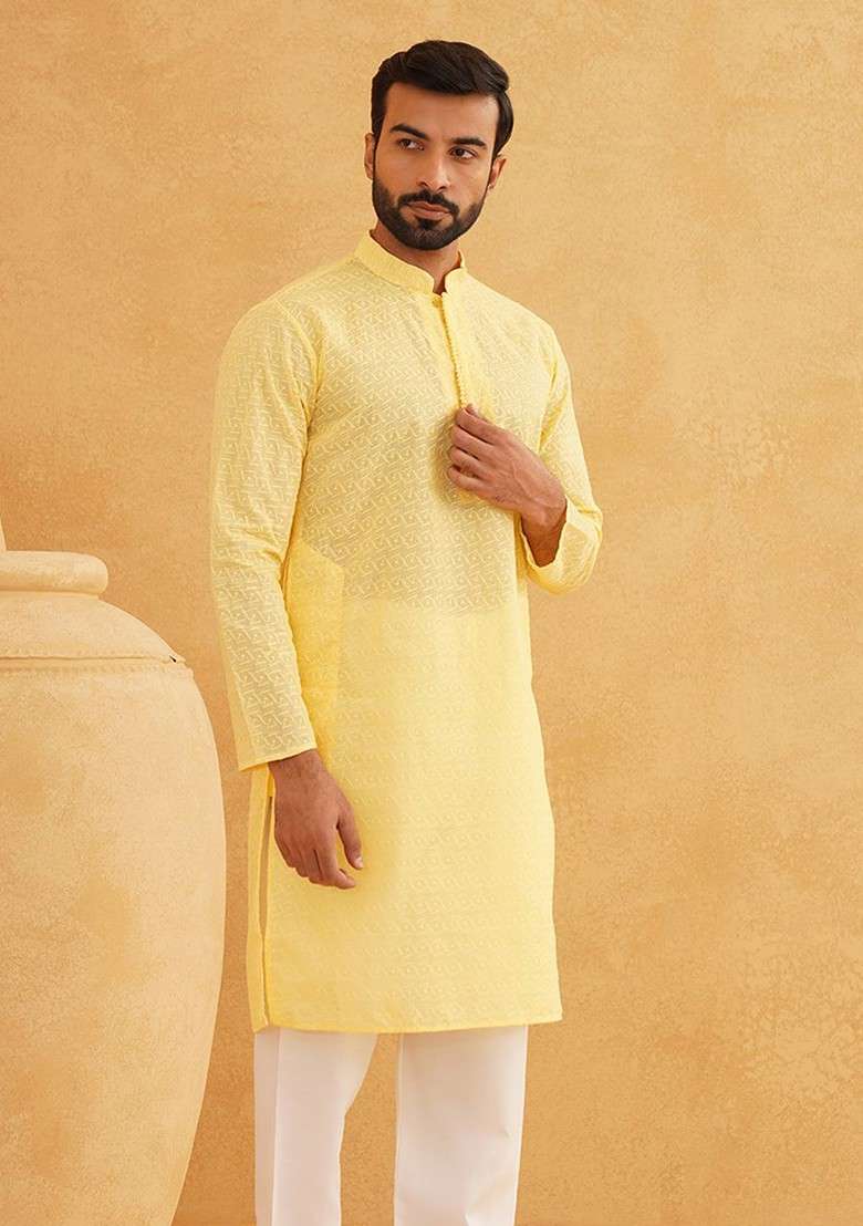 Yellow Embroidered Cotton Kurta For Men - Indya