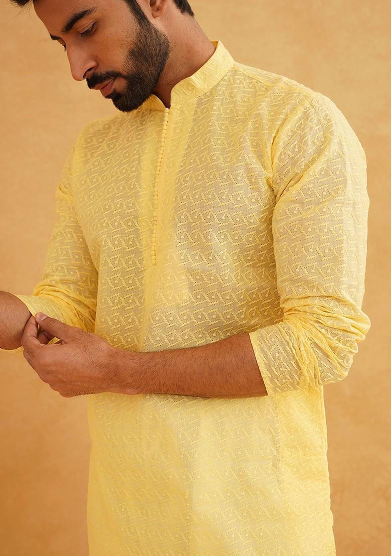 Yellow Embroidered Cotton Kurta For Men