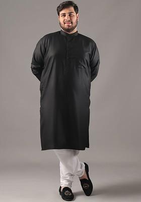 Black Solid Cotton Kurta For Men