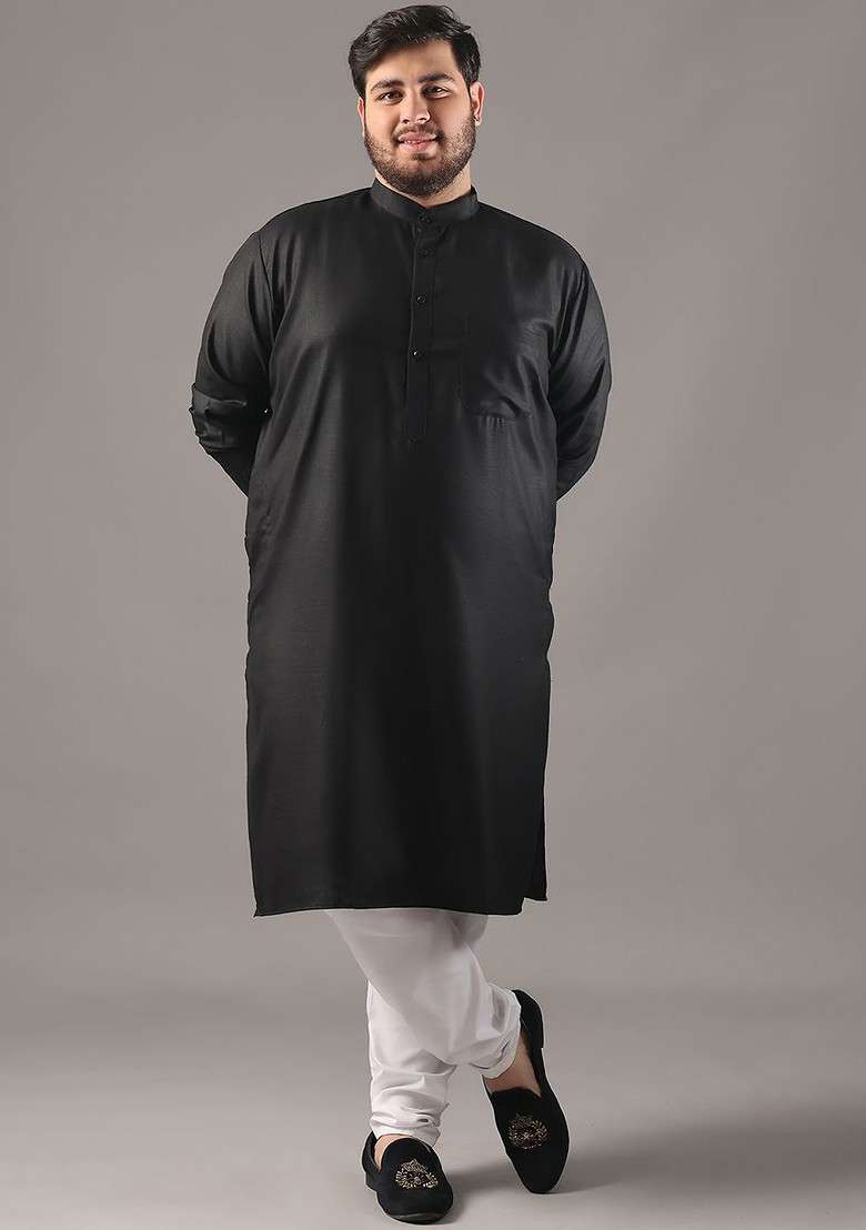 Black Solid Cotton Kurta For Men - Indya