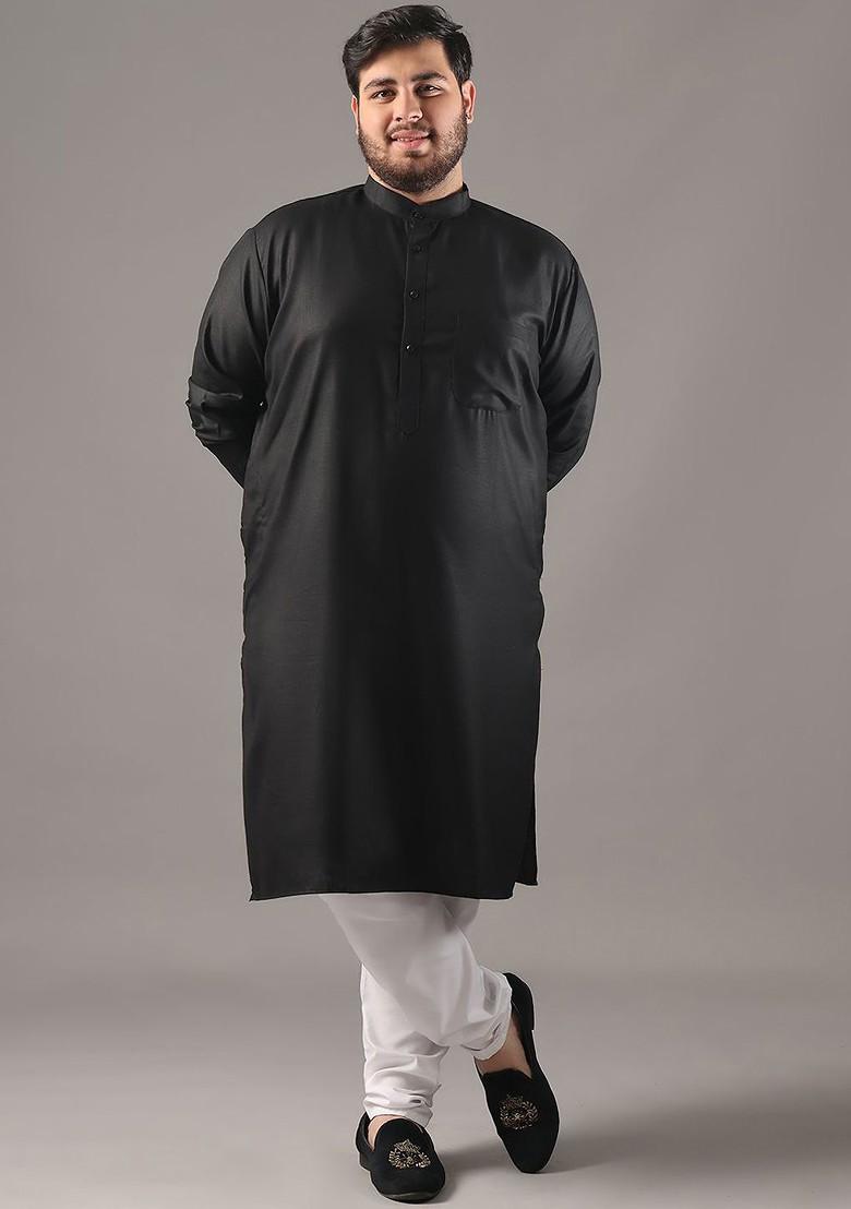 Black Solid Cotton Kurta For Men