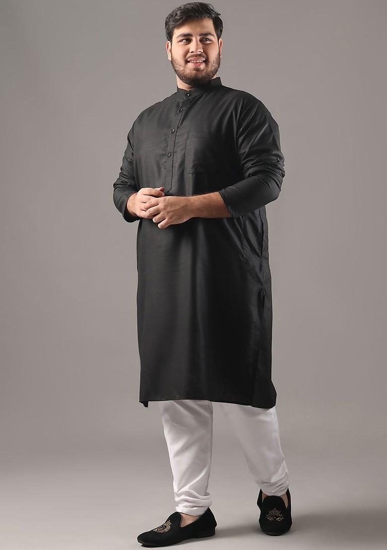 Black Solid Cotton Kurta For Men