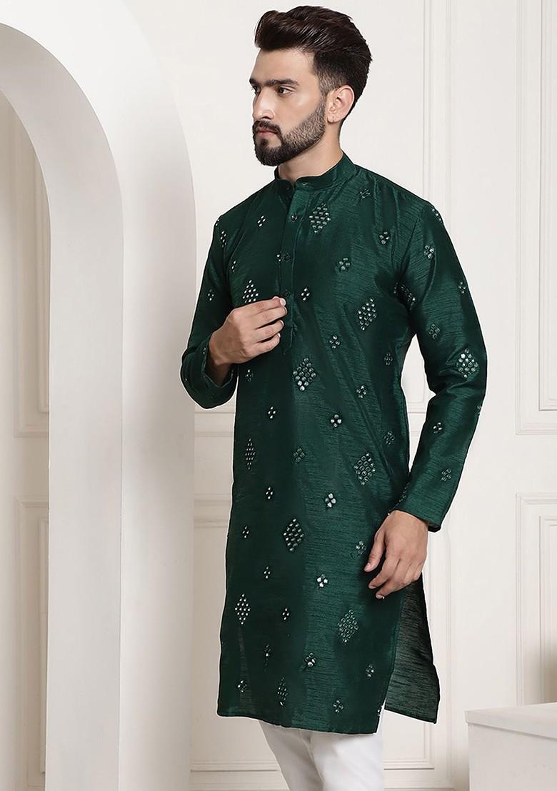 Green Mirror Work Poly Blend Kurta For Men