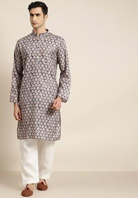 Navy Blue Ethnic Motifs Cotton Kurta For Men