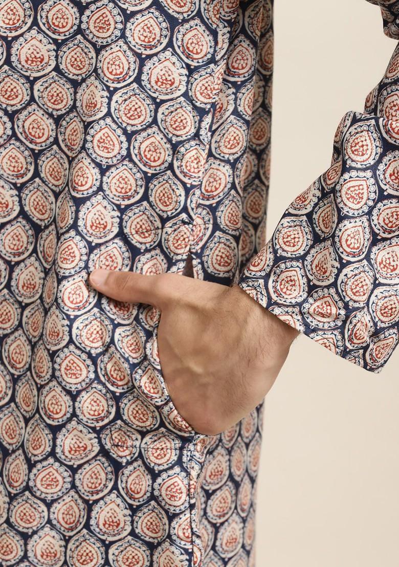 Navy Blue Ethnic Motifs Cotton Kurta For Men