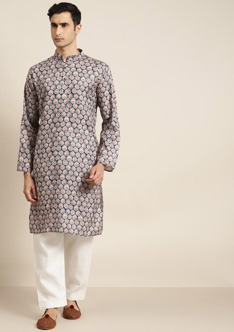 Navy Blue Ethnic Motifs Cotton Kurta For Men