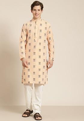 Peach Solid Cotton Kurta For Men