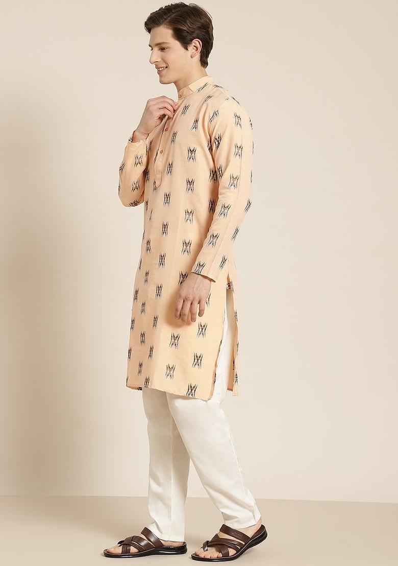 Peach Solid Cotton Kurta For Men