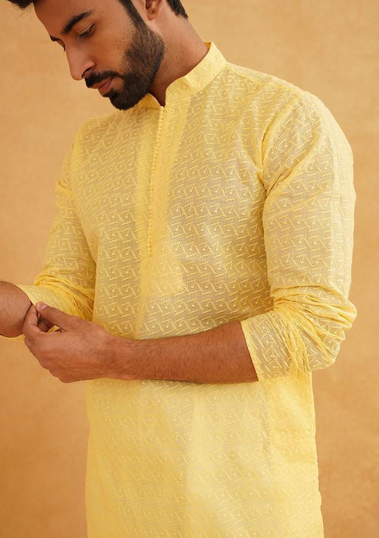 Yellow Thread Work Cotton Kurta For Men