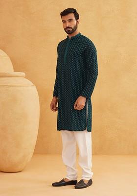 Teal Blue Floral Print Cotton Kurta For Men