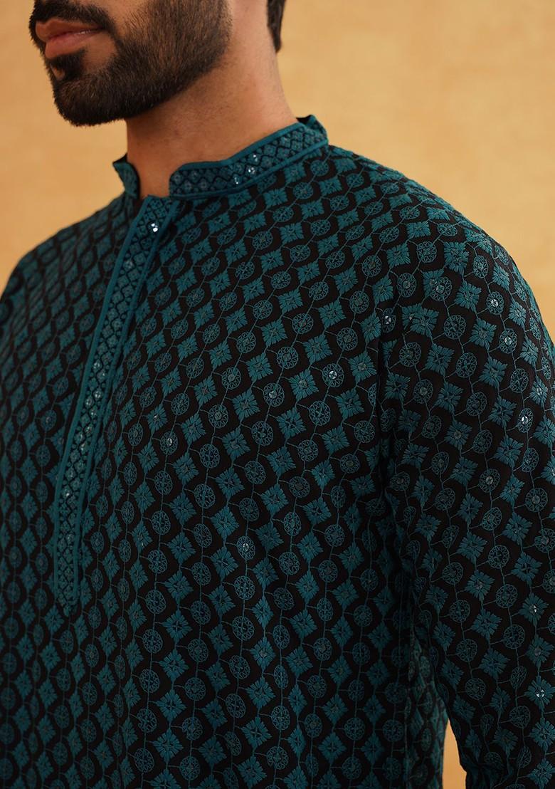Teal Blue Floral Print Cotton Kurta For Men
