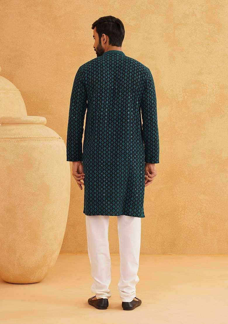 Teal Blue Floral Print Cotton Kurta For Men - Indya