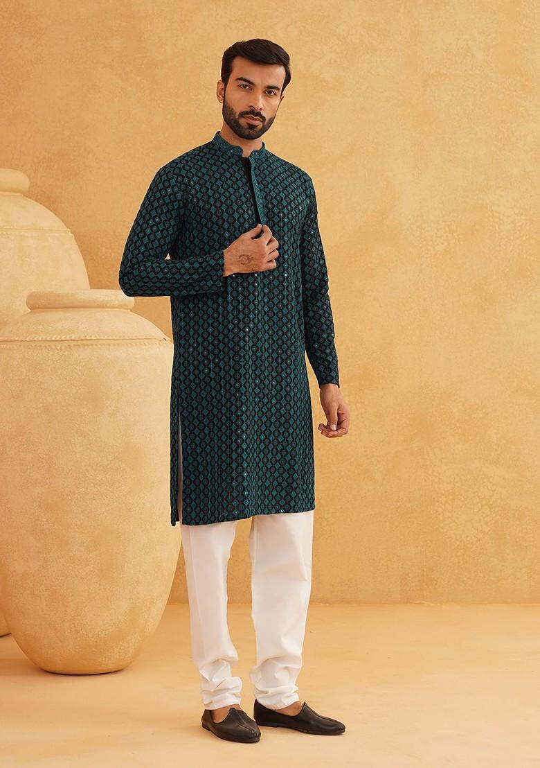 Teal Blue Floral Print Cotton Kurta For Men