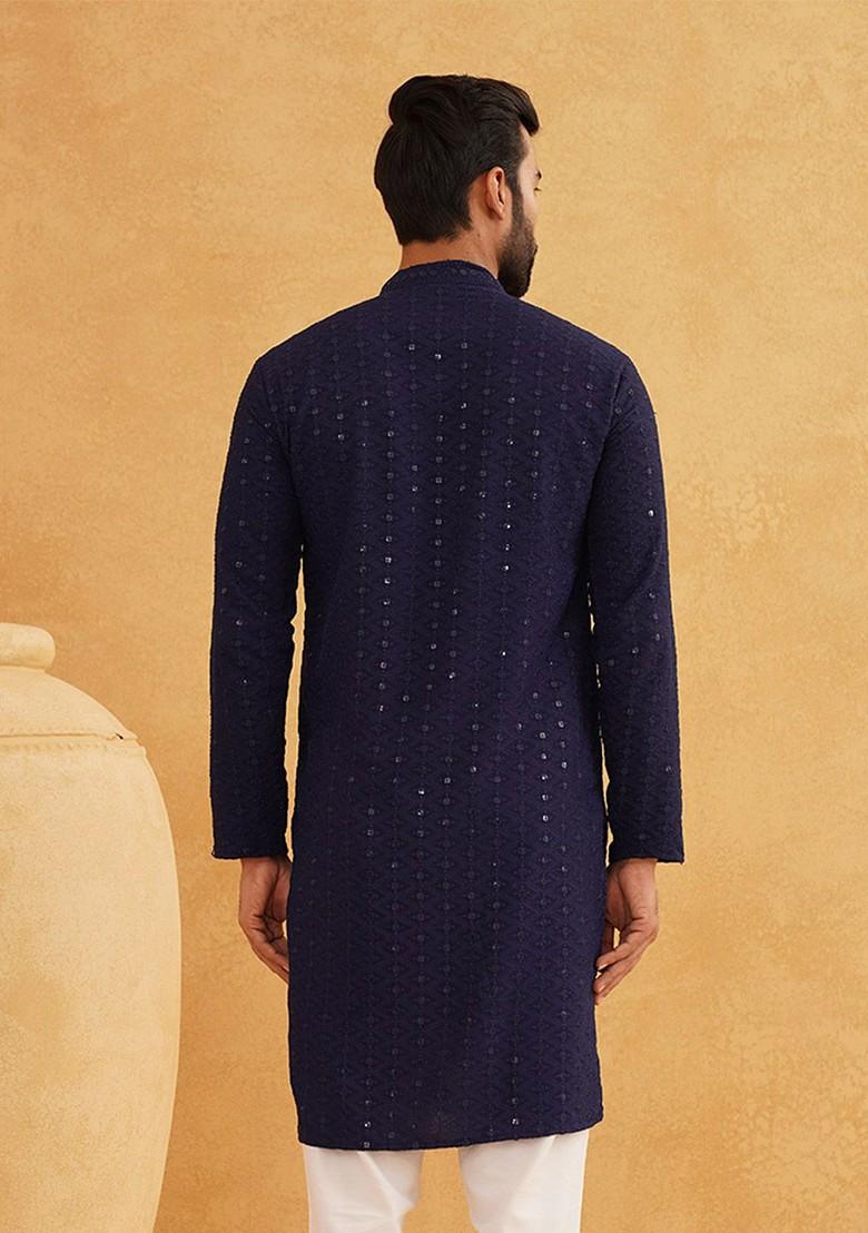 Navy Blue Thread Work Poly Blend Kurta For Men