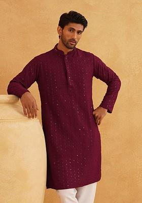 Purple Embroidered Cotton Kurta For Men