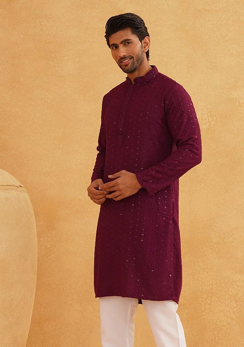 Purple Embroidered Cotton Kurta For Men