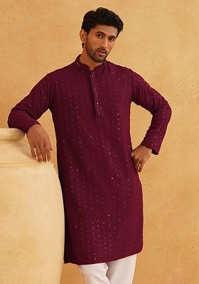 Purple Embroidered Cotton Kurta For Men