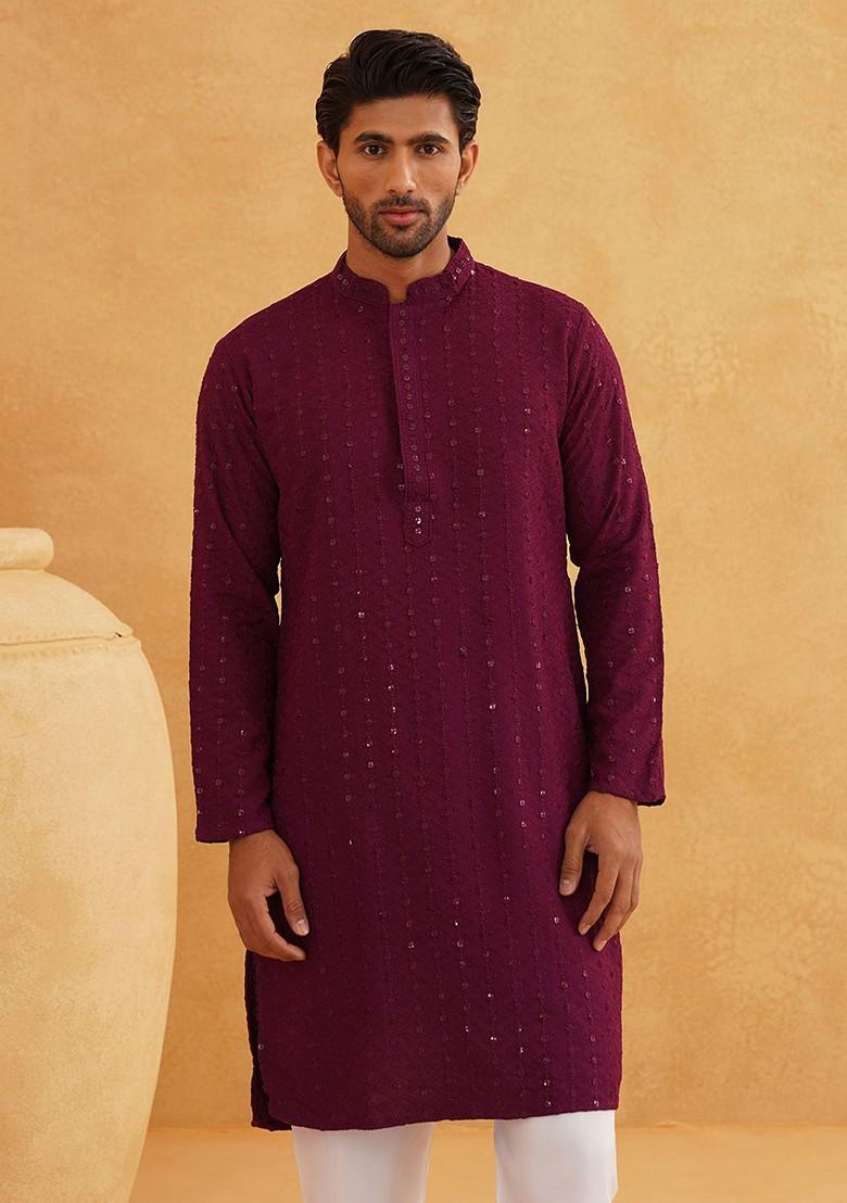 Purple Embellished Cotton Kurta For Men