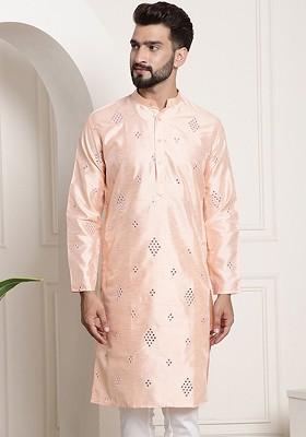 Peach Woven Poly Blend Kurta For Men