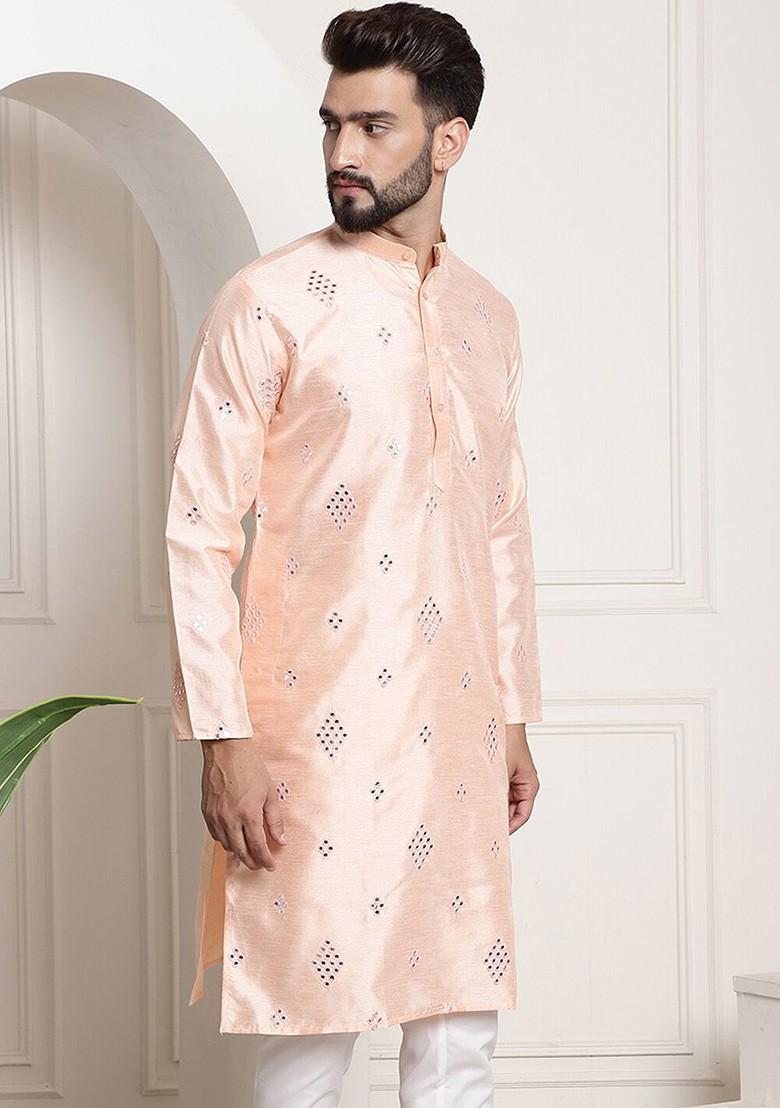 Peach Woven Poly Blend Kurta For Men