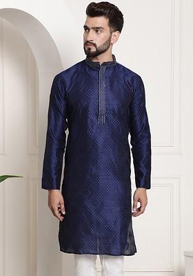 Navy Blue Woven Poly Blend Kurta For Men