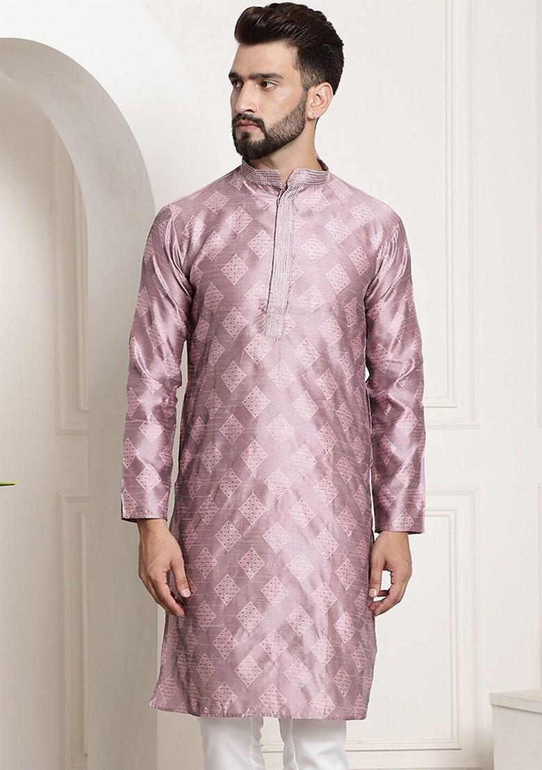 Purple Thread Work Poly Blend Kurta For Men