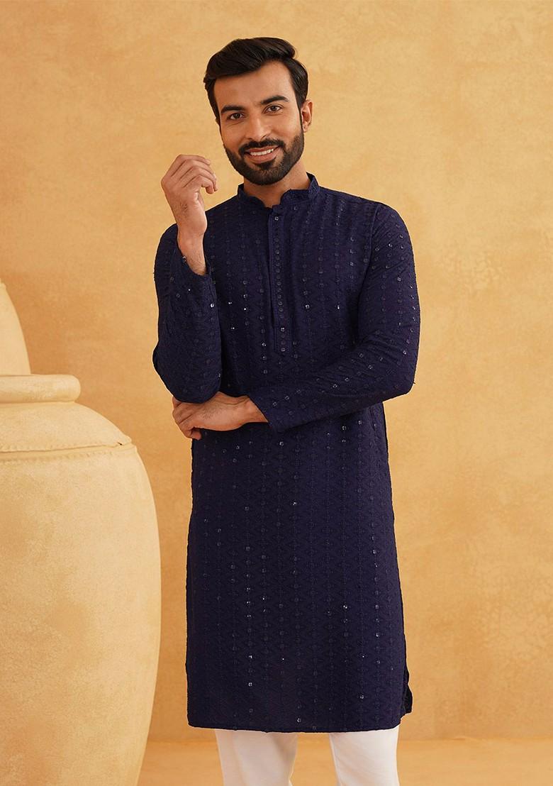 Navy Blue Thread Work Poly Blend Kurta For Men
