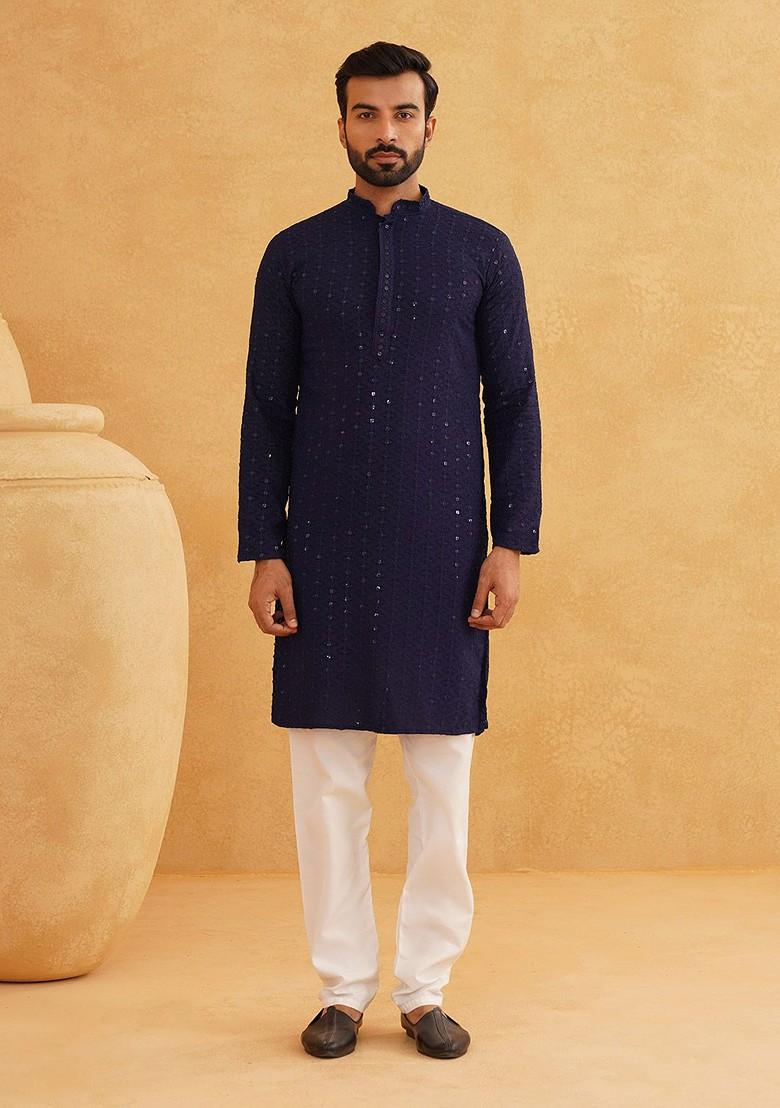 Navy Blue Thread Work Poly Blend Kurta For Men